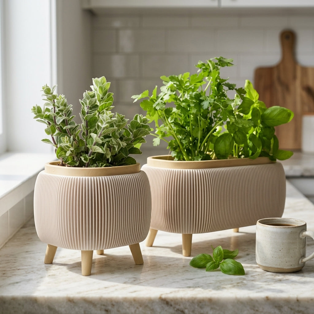 Minimalist Ribbed Herb Planter Set